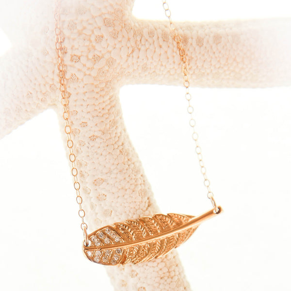 Gold Feather Crystal Pendant Necklace