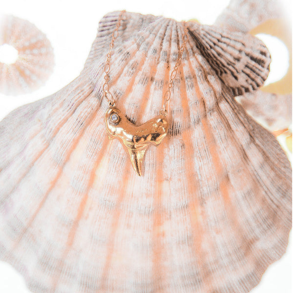 Gold Shark Tooth with White Topaz or Diamond Accent Necklace