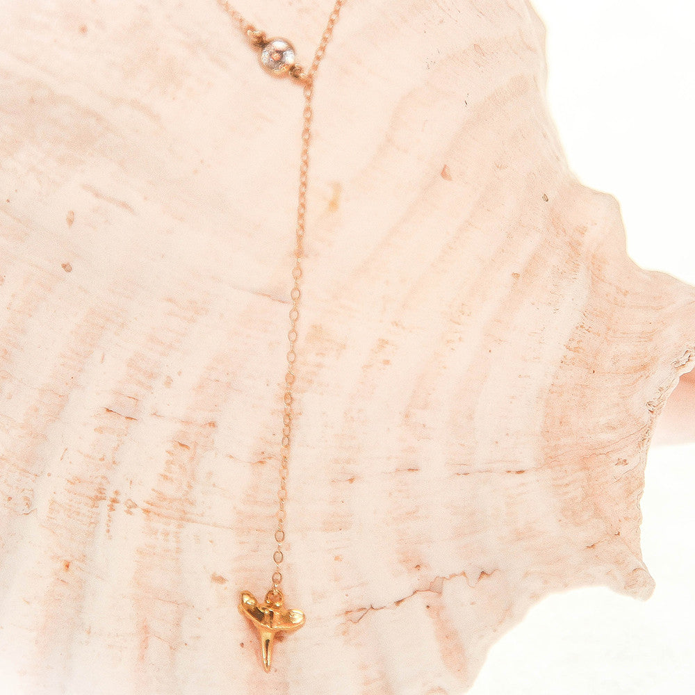 Mini Gold Shark Tooth & White Topaz Drop Necklace